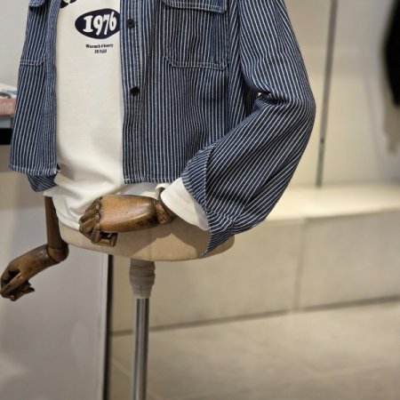 스트라이프 언발 데님 셔츠