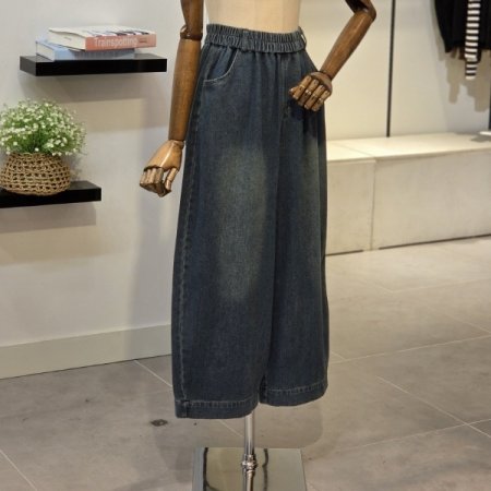 밴딩 와이드 통 데님 팬츠