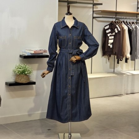 청리본 데님 원피스