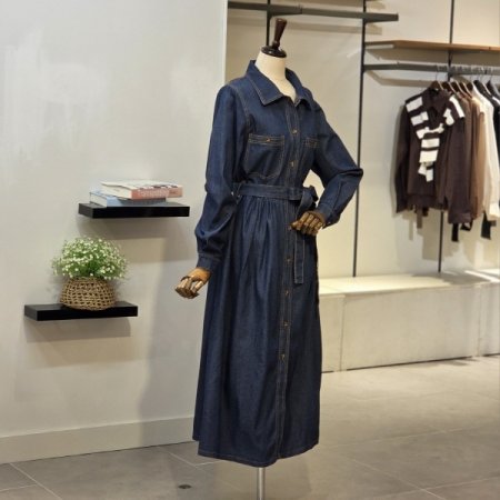 청리본 데님 원피스