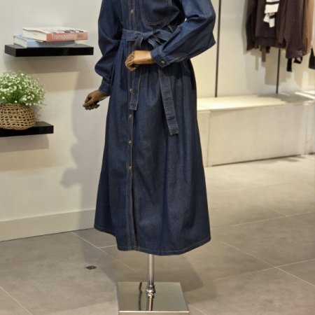 청리본 데님 원피스