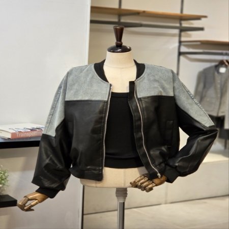 레더배색 데님 점퍼