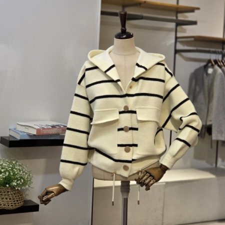 스트라이프 후드 니트 점퍼