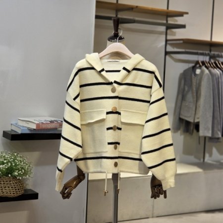 스트라이프 후드 니트 점퍼