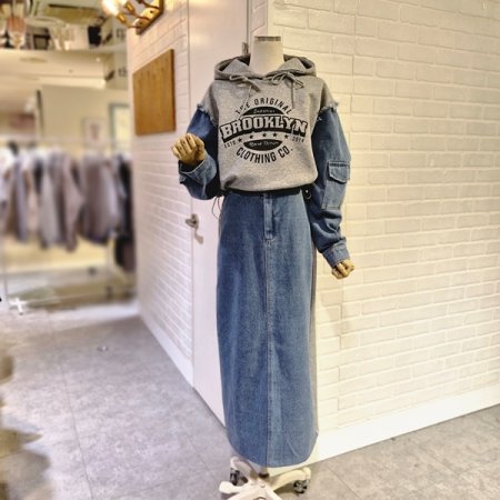 후드배색데님세트원피스