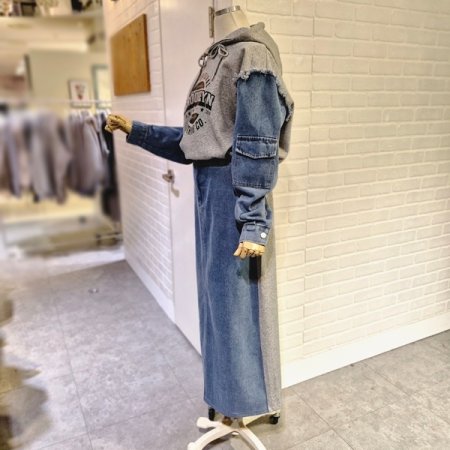 후드배색데님세트원피스