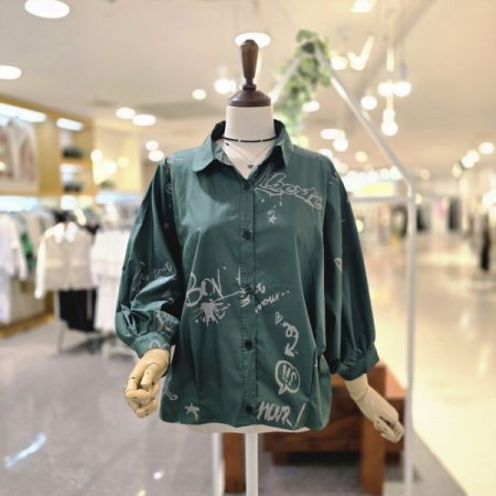 나염퍼프소매 셔링블라우스