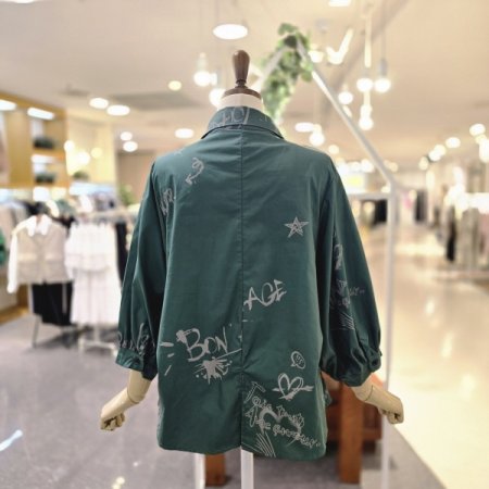 나염퍼프소매 셔링블라우스