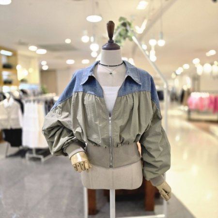 데님배색 셔링점퍼