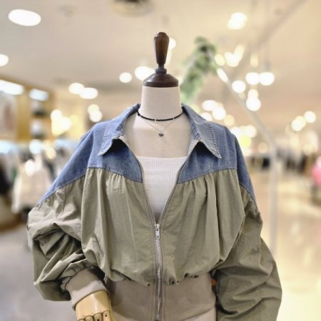 데님배색 셔링점퍼