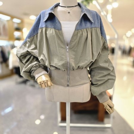 데님배색 셔링점퍼