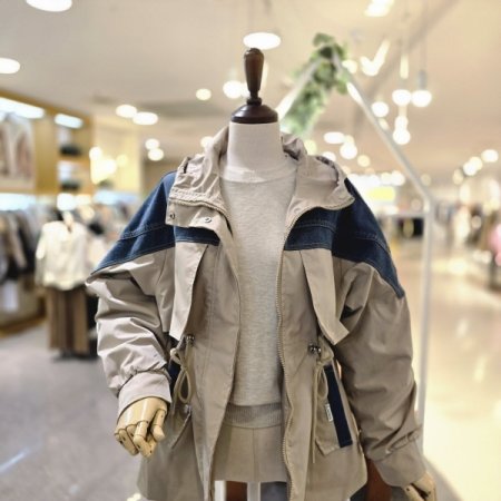 데님배색 후드점퍼