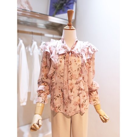 리본어깨프릴꽃무늬블라우스