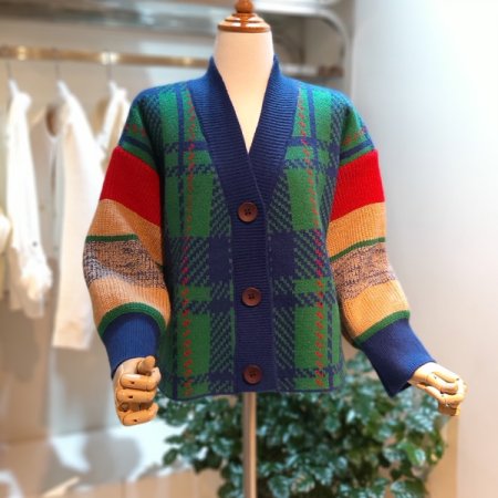 체크배색 니트가디건