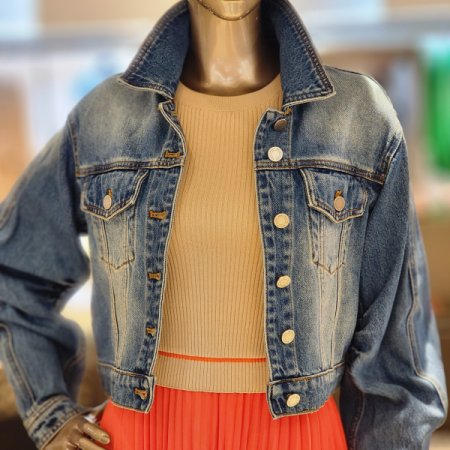 소매핀턱주름 크롭 데님자켓