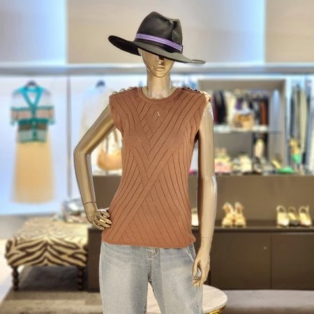 사선패턴 어깨포인트민소매니트