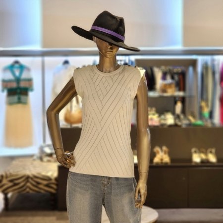 사선패턴 어깨포인트민소매니트