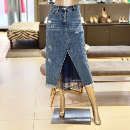 절개쉬폰 데님스커트