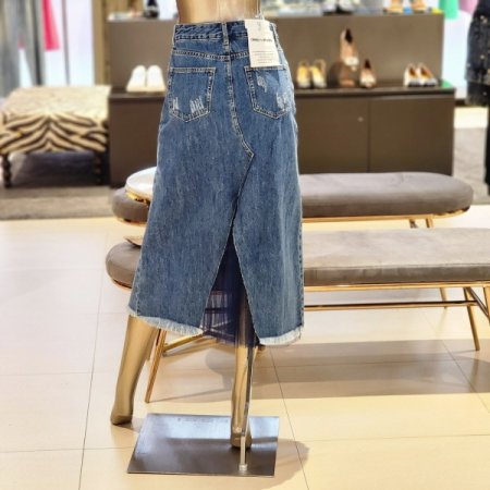 절개쉬폰 데님스커트