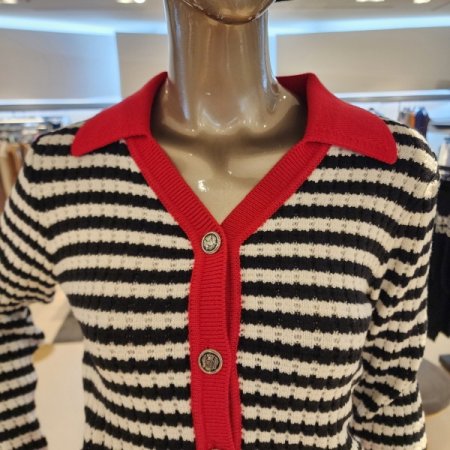 은장버튼 스트라이프 카라 긴팔가디건