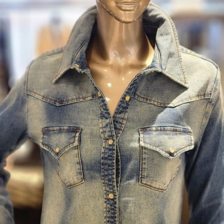 스냅단추 워싱 스판 데님 셔츠