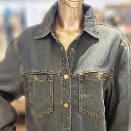 스냅단추 양포켓 워싱 데님 셔츠