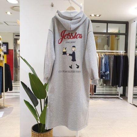 백 프린트 롱 후드원피스