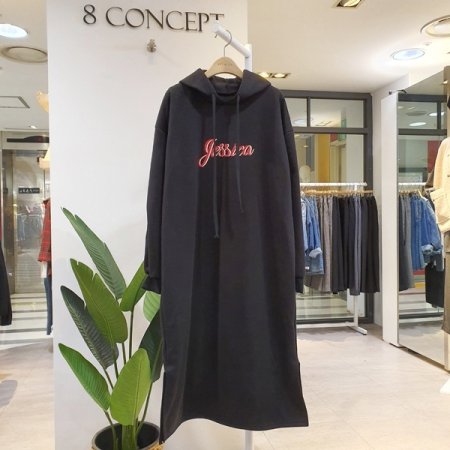 백 프린트 롱 후드원피스