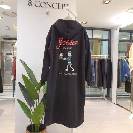 백 프린트 롱 후드원피스