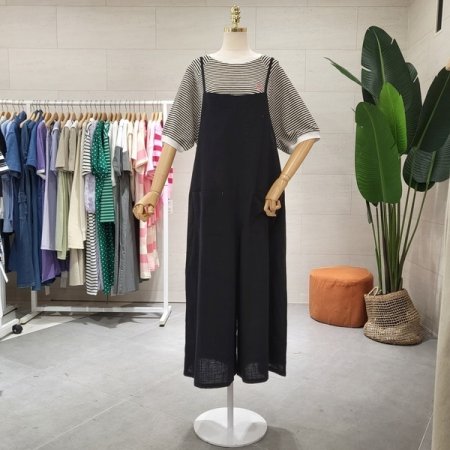 레드스티치 와이드멜빵팬츠