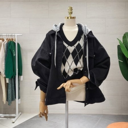 후드 레이어드 데님점퍼