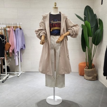 허리 스트링 롱 야상점퍼