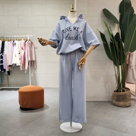 자수레터링 후드반팔 팬츠세트