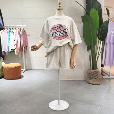 빈티지 핑크프린팅 반바지세트