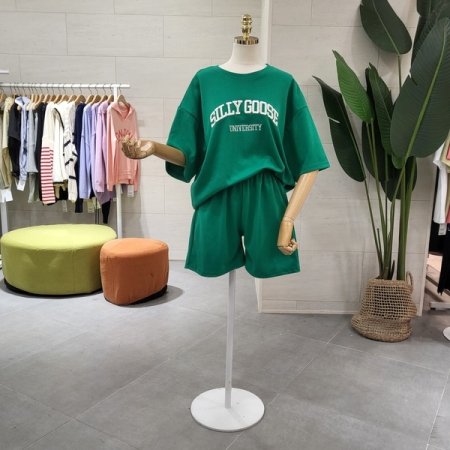 실리 레터링 자수 반바지 세트