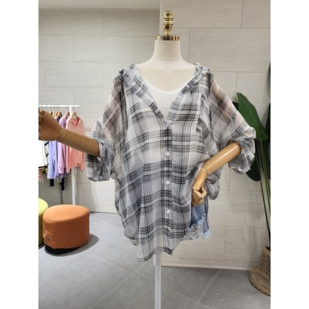 시스루 체크 후드남방