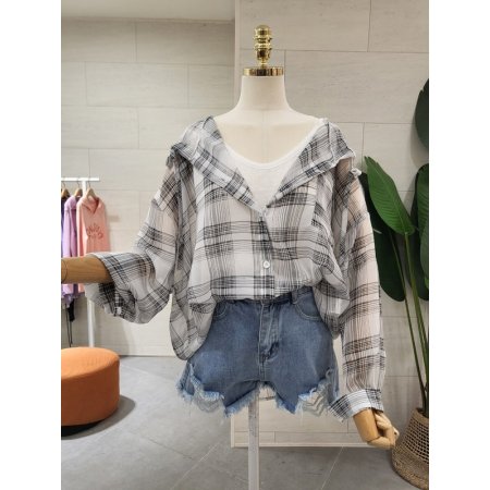 시스루 체크 후드남방