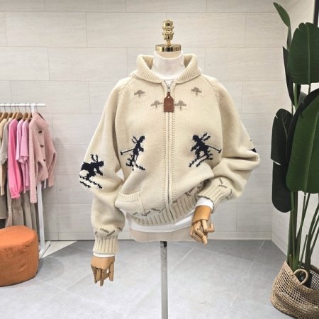 둥근넥 스키자수 니트집업가디건