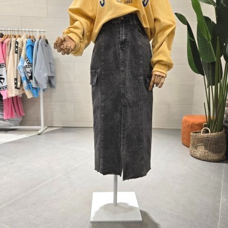 앞트임 절개 스판 롱 데님스커트