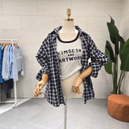 킴스 민소매세트 체크남방