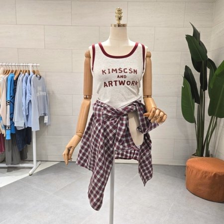 킴스 민소매세트 체크남방
