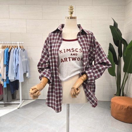 킴스 민소매세트 체크 남방