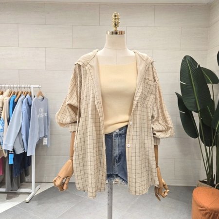 네모 체크 후드셔츠