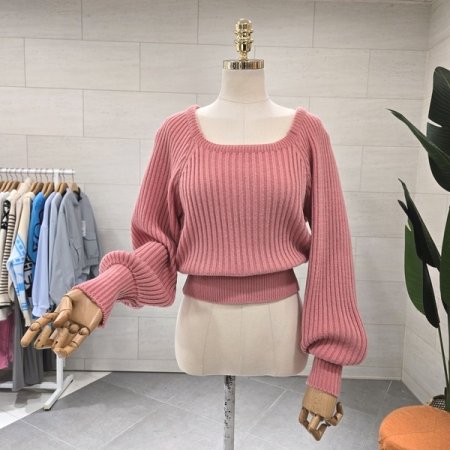 스퀘어넥 골지 퍼프소매니트