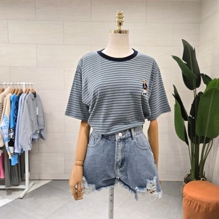 럭비베어 자수 단가라 반팔티셔츠