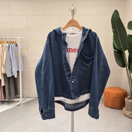 후드 언발 데님점퍼