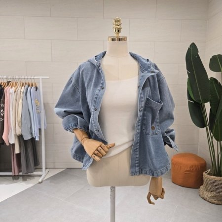 후드 언발 데님점퍼