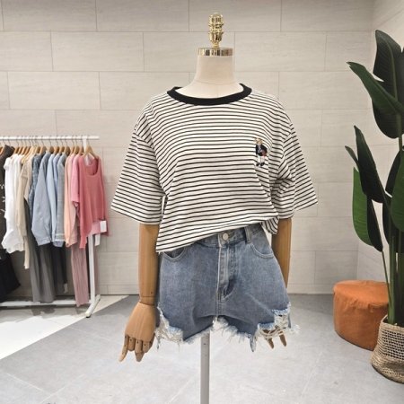 럭비베어 자수단가라 반팔티셔츠