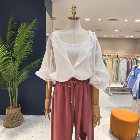 시스루 민소매 후드 셔츠 세트