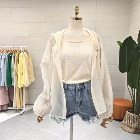 시스루 민소매 후드 셔츠 세트